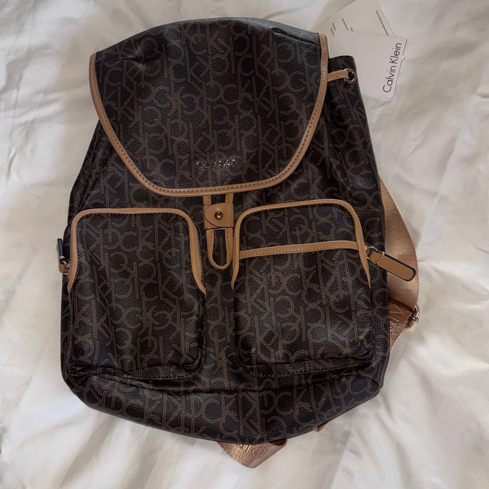 Calvin Klein Monogrammed Brown and Tan Backpack